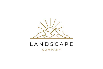 elegant hipster gold sun sunset sunrise with mountain hill logo icon vector in trendy line linear