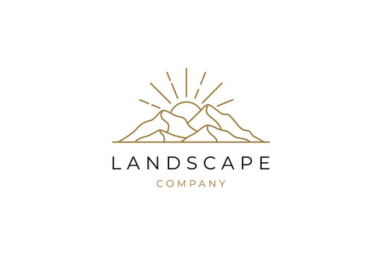 elegant hipster gold sun sunset sunrise with mountain hill logo icon vector in trendy line linear