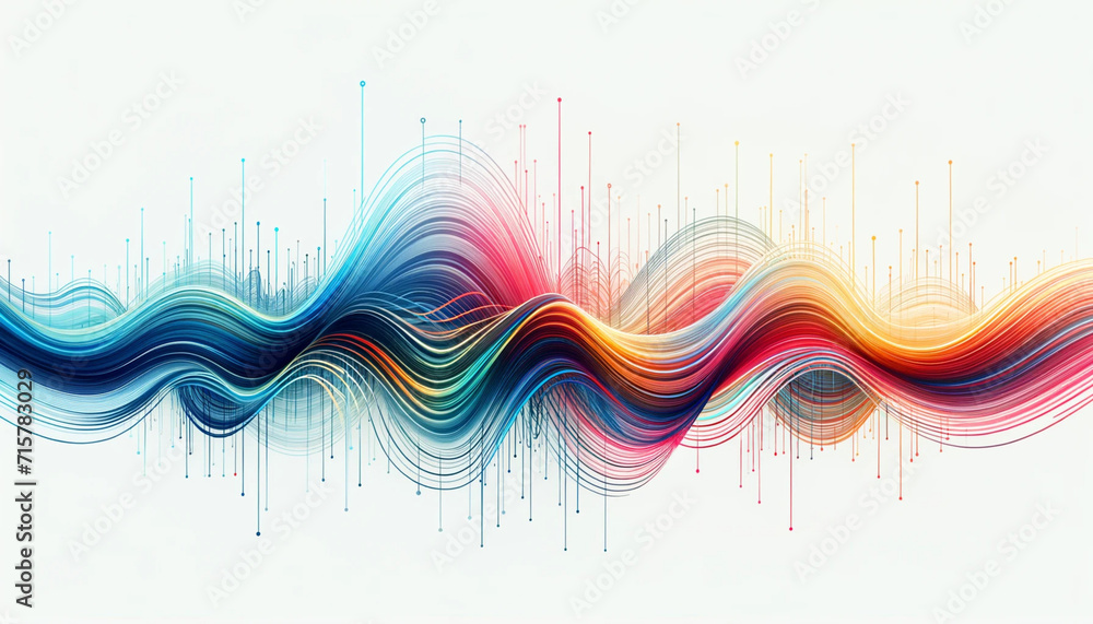 Poster abstract of colorful flowing wave lines resembling frequency waves or sound curves on a white backgr