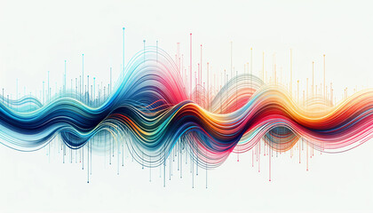 abstract of colorful flowing wave lines resembling frequency waves or sound curves on a white background.