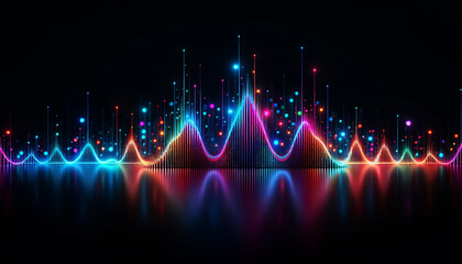 colorful equalizer frequency wave illuminated against a black background representing a bassy music pattern in a dynamic - obrazy, fototapety, plakaty