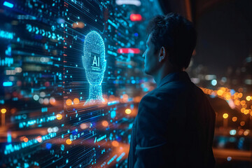 A business man watching AI hologram, futuristic and technology look. Artificial Intelligence concept.