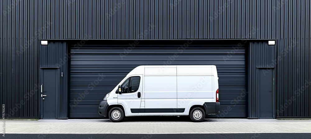 Poster cargo van waiting for loading at logistics center with copy space for text placement