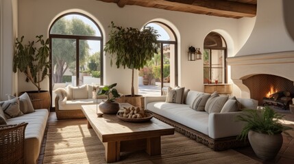 mediterranean space adjacent to the kitchen, called a living room, incorporates soft neutrals, wood beams, and a gorgeous grouping of swivel yellow fabric chairs in beautiful home interior design idea