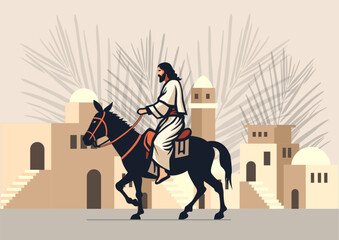 Naklejka premium Jesus Christ riding a donkey and entering Jerusalem