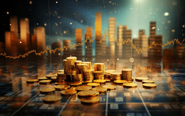 Financial background with coins on the background of the city. The concept of financial growth and development. - obrazy, fototapety, plakaty