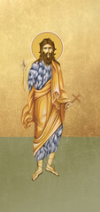 Traditional orthodox icon of John the Baptist. Christian antique illustration on golden background in Byzantine style