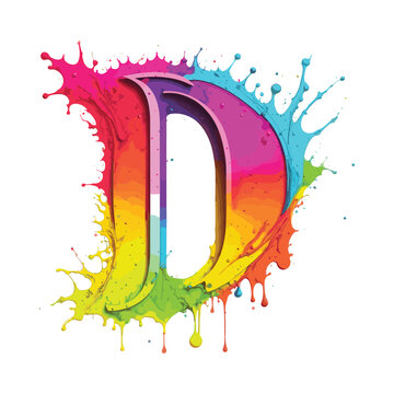Realistic D letter with color splash on white background, rainbow splash, abstract watercolor splashes