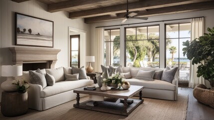 Naklejka na ściany i meble beautiful small space casual living family room soft neutral wood beams and a gorgeous grouping of swivel color fabric chairs around a striking coffee table coastal design nature freshness home