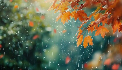 Bright autumn background. Maple leaf on green moss. Soft natural wallpaper. Wet orange leaves in the rain. Autumn leaves on the grass. AI generated illustration