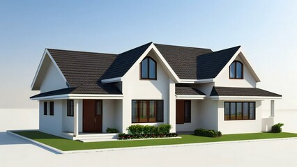 3d house model rendering on white background, 3D illustration modern cozy house. Concept for real estate or property.