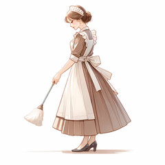 A clip art image of a beautiful maid engaged in cleaning. The maid is elegantly dressed in a classic maid's uniform, complete with an apron. 