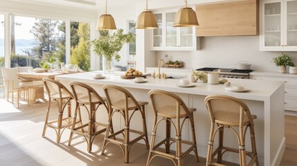 The lovely dining room below shows how versatile and elegant modern coastal decor can be From the soft ivory slipcovered chairs, to the large coral decorative piece on the credenza house interior - obrazy, fototapety, plakaty