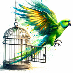 A dynamic clip art image of a green parrot escaping a cage. The parrot is vibrant green with hints of yellow and blue on its feathers.