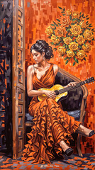 Sun-Kissed Serenade: Where Strings Sing Saffron Fire, a Woman in Mango Dances with Golden Blooms.
Orange Symphony: In a Canvas Awash with Sunset Hues, a Guitarist Strums Dreams, Cloaked in Blossoms of