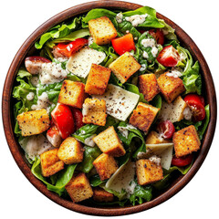Caesar salad in a bowl isolated on white transparent, top view PNG - obrazy, fototapety, plakaty