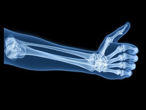 Success symbol, x-ray image of a forearm and hand with thumb up and folded fingers, ok radiography photograph, illustration of achievement, positive results or answer, problem solved, approval sign