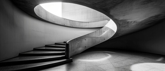 A monochrome spiral staircase in a symmetrical building, with light filtering through the window, beckons to be ascended with its sleek handrail and endless possibilities - obrazy, fototapety, plakaty