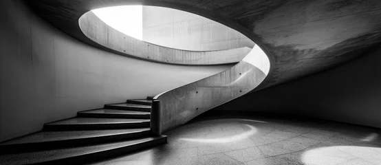 Foto op Canvas A monochrome spiral staircase in a symmetrical building, with light filtering through the window, beckons to be ascended with its sleek handrail and endless possibilities © Radomir Jovanovic