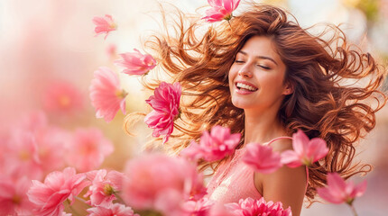 Naklejka premium beautiful brunette in a soft pink background