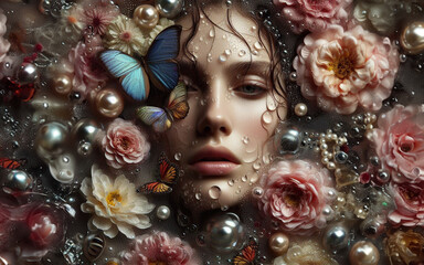 girl face floats above the surface of the water Surrounded by many kinds of flowers realistic fantasy pictures