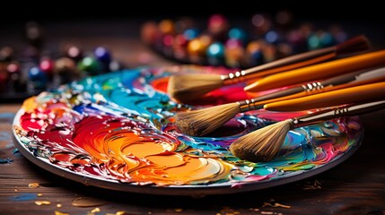 Fototapeta premium Close up of vibrant artist s palette and paintbrushes with dynamic colors and studio lighting