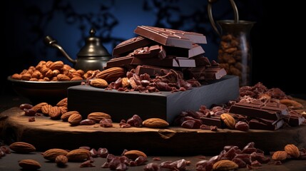 Fototapeta na wymiar Scattered dark chocolate pieces and cocoa beans on culinary background, delicious dessert concept