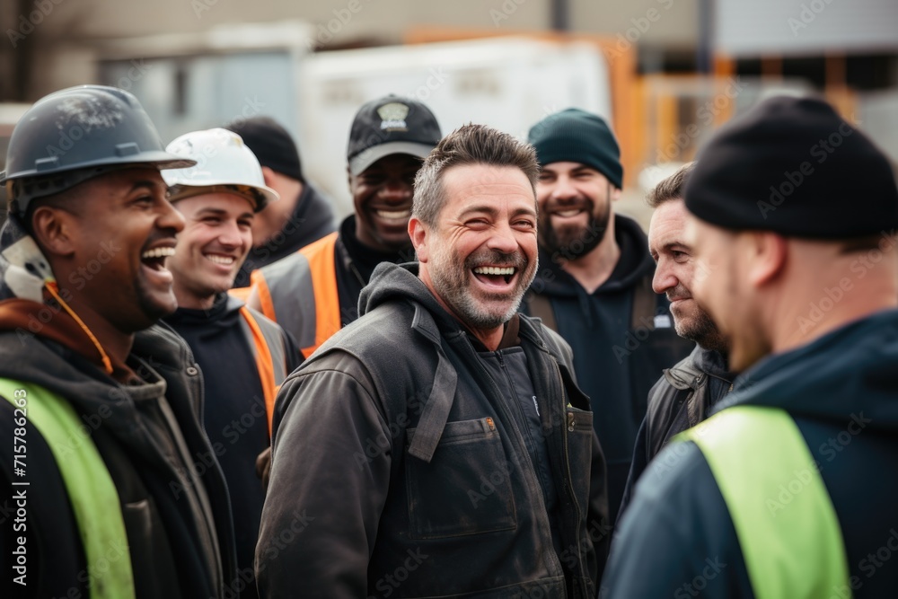 Wall mural group of happy construction workers laughing together on site - Wall murals