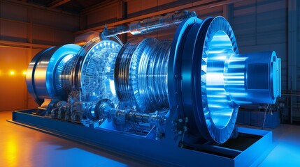 Close up of a futuristic industrial gas turbine engine in heavy industry concept