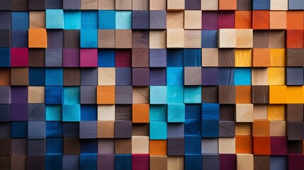 Vibrant and colorful assortment of wooden blocks perfectly aligned on a wide format background