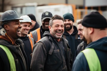 Group of happy construction workers laughing together on site - obrazy, fototapety, plakaty