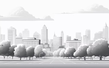 Light gray cityscape background. City buildings with trees in park view. beautiful city view