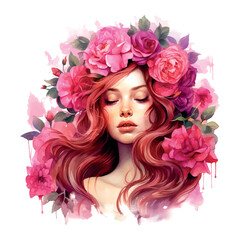 beautiful woman with flowers in her hair and a wreath of roses