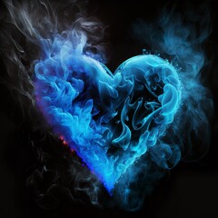 Valentines Day. blue smoke and fire on a black background, in the shape of a glowing heart. Room for words. Created by digital art. Room for words endless love Generative AI 
