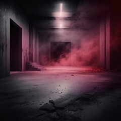 Dark street, abstract dark red background, The concrete floor and studio room with smoke float up the interior texture for display products sport garage mood lighting Generative AI