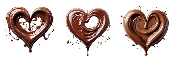 Collection of chocolate in the form of heart. Melted chocolate syrup, isolated on white or transparent background