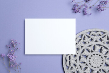 Wedding invitation card mockup with botanical decor, blank mock up with copy space on lavender...