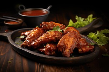 Buffalo chicken wings with hot sauce and dressing on dark wooden background