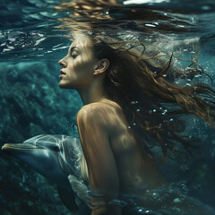 Young woman underwater with the dolphin