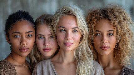 Obraz premium Beautiful young women with healthy skin. Diversity issue. Three good-looking young women with different skin color. 
