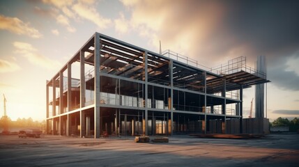 building under construction with a beautiful sunset with white clouds in high resolution - obrazy, fototapety, plakaty