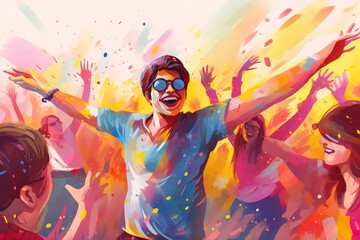 flat illustration, joyful happy friends, couple sharing laughter at holi festival, colorful memories in making, youth event celebration, blurred colorful powder in air.