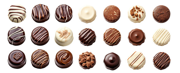 Collection of chocolate pralines isolated on transparent or white background