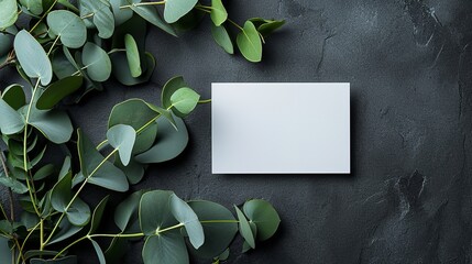 Top view of a Blank white business card and eucalyptus branch on a dark surface with a copy space, Generative AI.