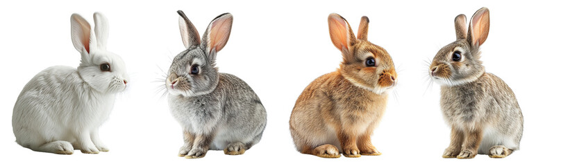 Collection of rabbits sitting in different positions isolated on transparent or white background