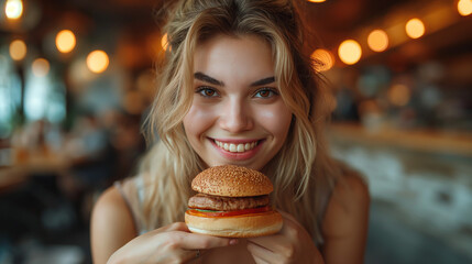 Woman hold big burger sandwich with eggs and bacon in hand hungry mouth getting ready to eat. 