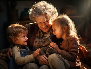 Emotiva escena de abuelos cuidando con ternura a sus nietos