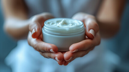 Woman in sweater with pink manicure hold jar of cosmetic cream. Young woman with jar of hand cream, closeup. 