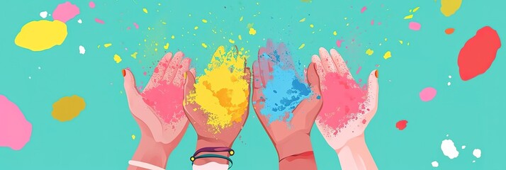 flat illustration Hands Holding Vibrant Powder, pink, yellow, green, blue color powder, Unity and Joy, Ideal for Event Promotions, Colorful Holi Festival Celebrations.