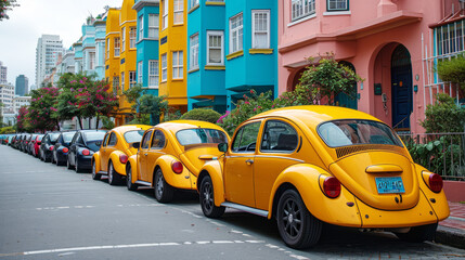 Brightly colored cars parked on the street ,generative ai.